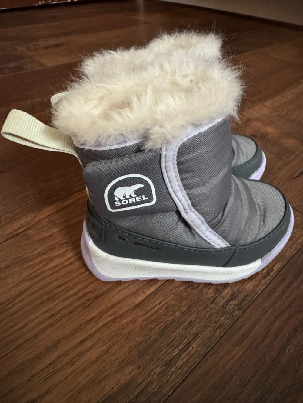 Brand New SOREL Baby/Toddler Gray/Purple Winter Boots with Faux Fur- Size 4